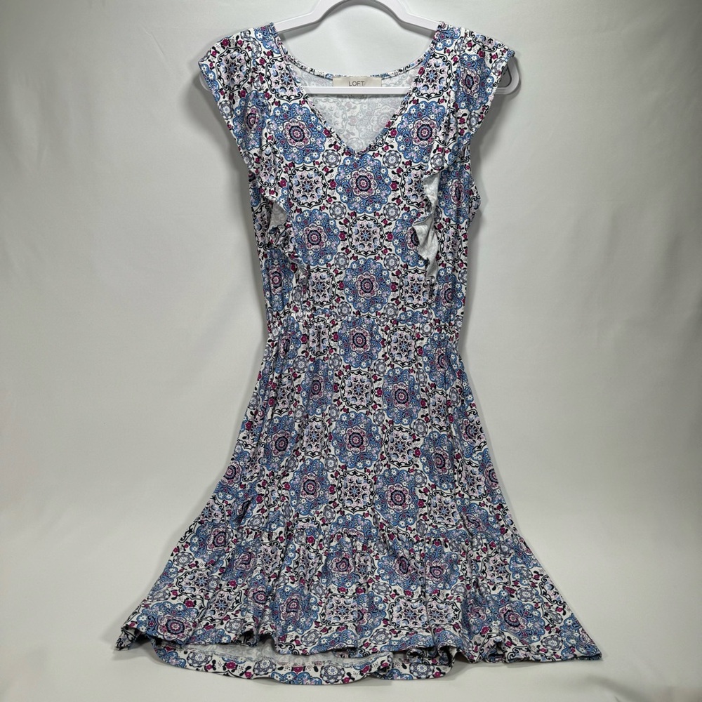 Ann Taylor Loft Women's Floral V Neck Ruffle Sleeveless Jersey Dress XS Stretch